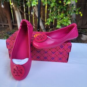 TORY BURCH Dark Azalea  Minnie Travel Ballet with Logo Embossed Nappa Leather